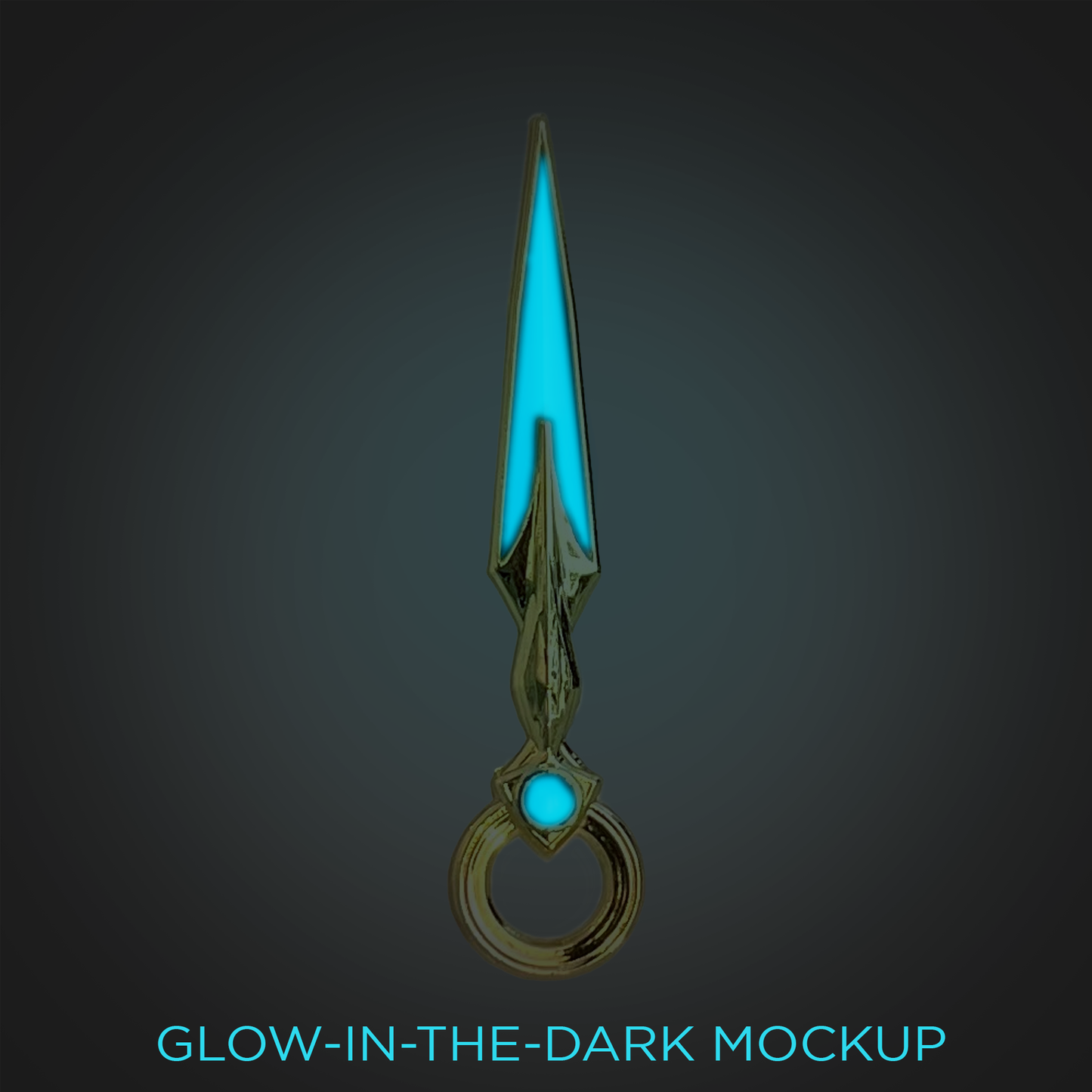 A gif mockup of the blue lyrium dagger pin pulsing glow-in-the-dark blue.