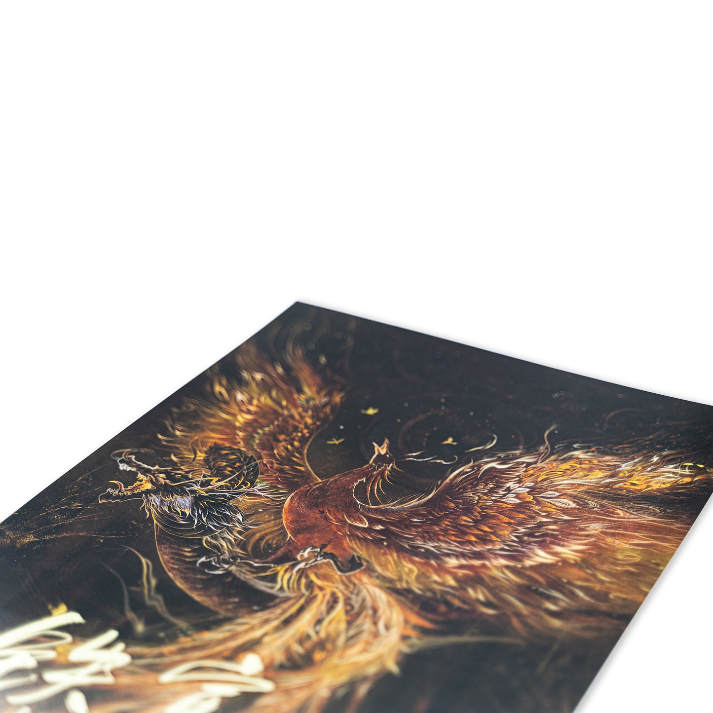 Close up angled view of the Phoenix Over Dragon Print focused on the phoenix and dragon.