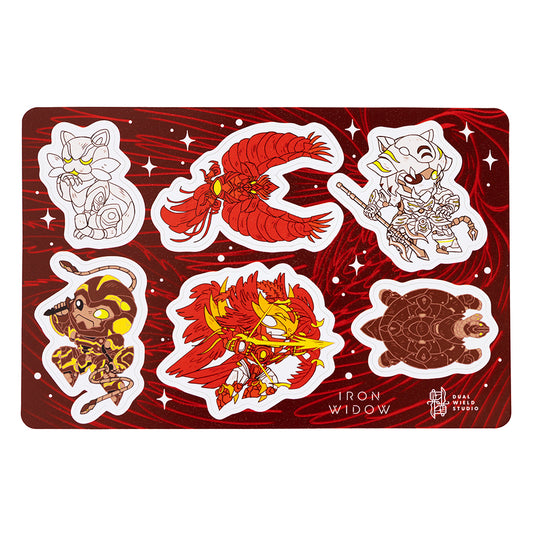 The Iron Widow: Mecha Sticker sheet, which depicts stylized stickers of the Chrysalises on dark red phoenix sticker background.