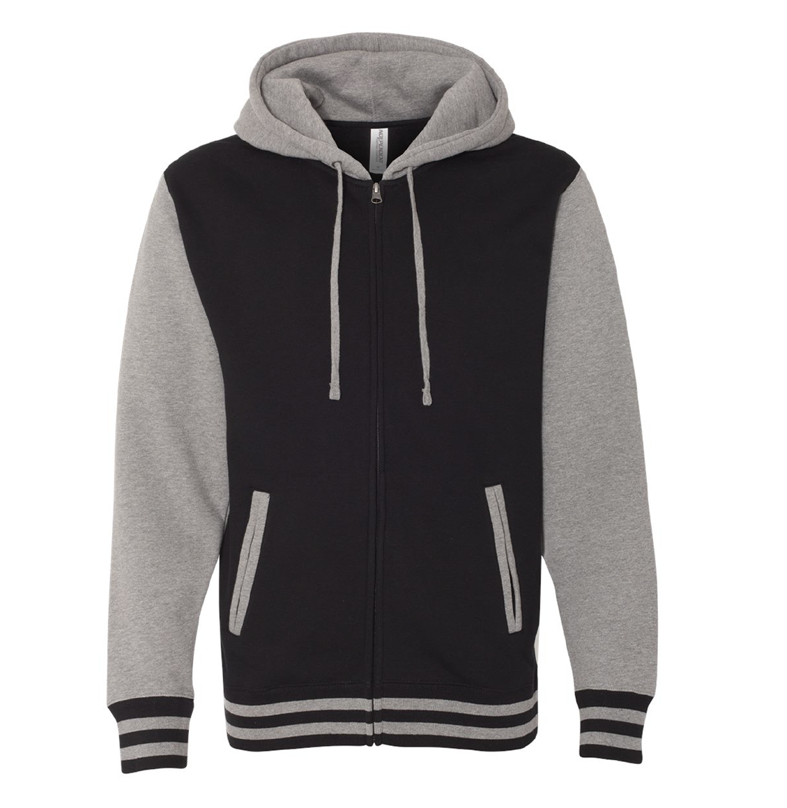 Front of Black and gunmetal varsity hoodie on white background.