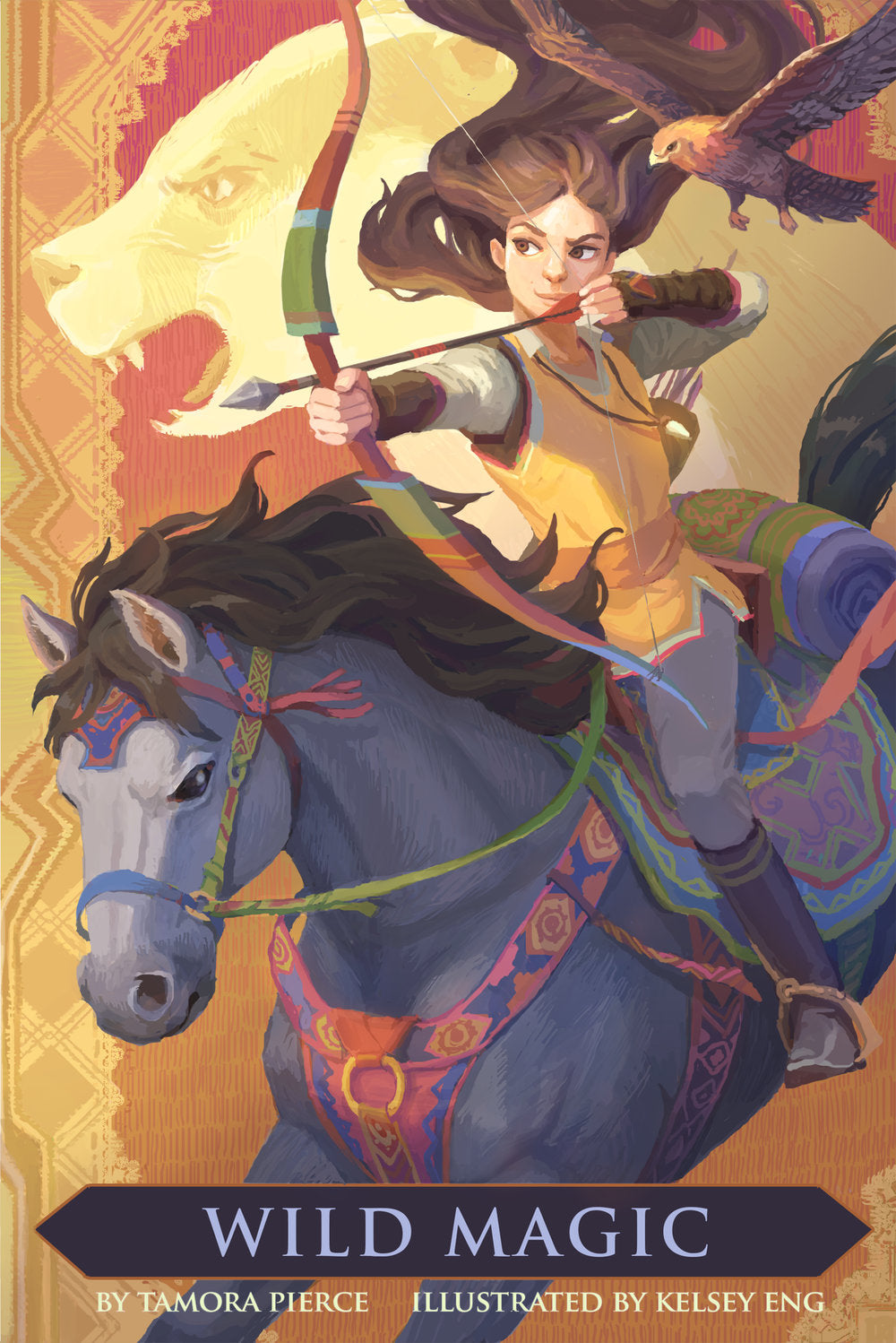 A highly detailed painting of Daine from the imagination of Kelsey Eng. You can see Numair in his hawk form, Badger god in the background, his claw on a pendant around her neck, and her pony Cloud.