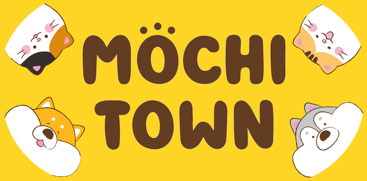 Mochitown logo with two cats and two pups