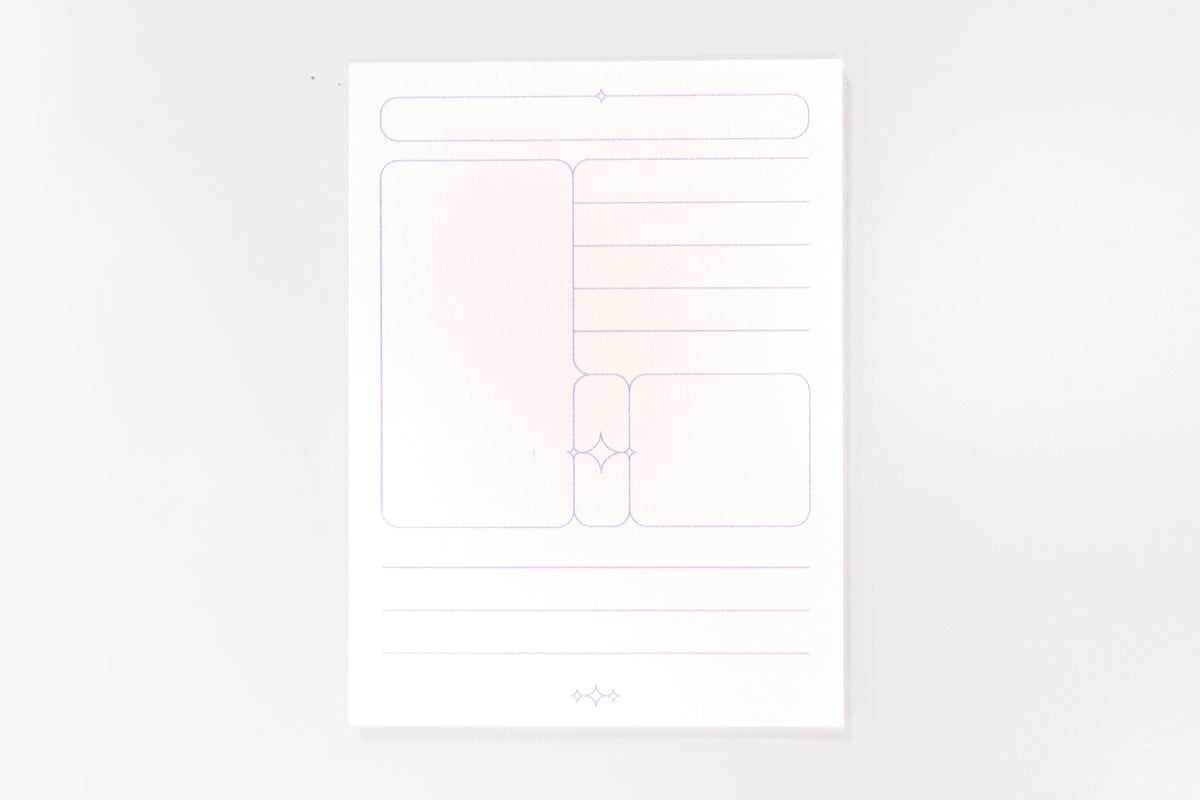 A white sticky note with lavender lines photographed against a light grey background. The pad features two lined areas for writing and three distinct boxes for titles or drawings.