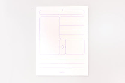 A white sticky note with lavender lines photographed against a light grey background. The pad features two lined areas for writing and three distinct boxes for titles or drawings.