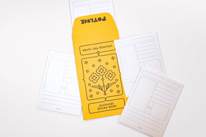 A arrangement of Archivist Sticky Note Sheets by Kevin Jay Stanton surrounding the yellow envelope packaging in the center.