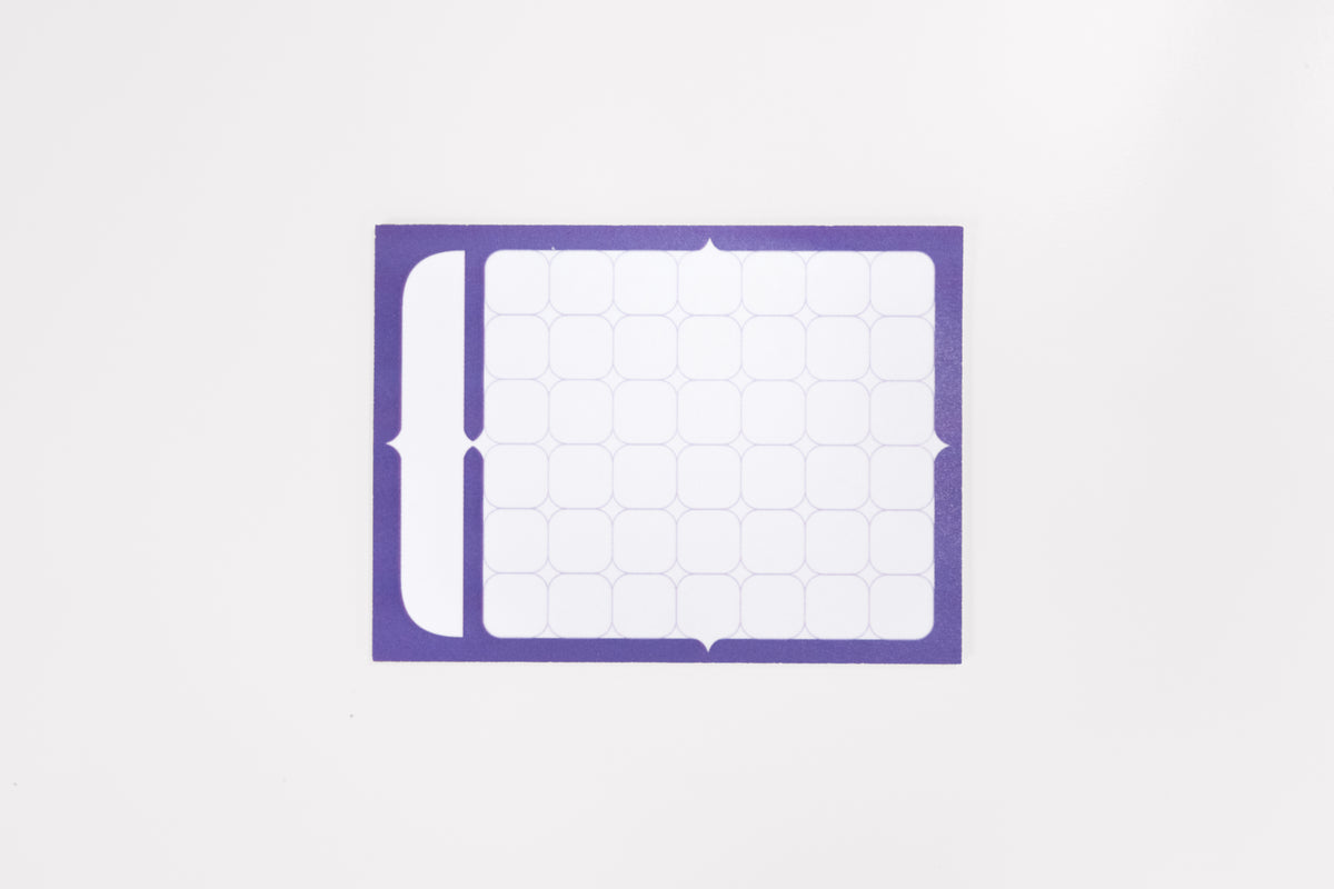 The Calendar Sticky Note against a white background. The sticky note features an indigo border, label box, and 42 squares arranged in a 6x7 grid for creating calendar months as needed.