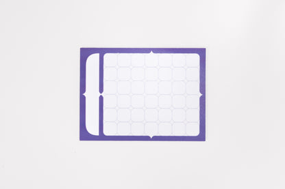 The Calendar Sticky Note against a white background. The sticky note features an indigo border, label box, and 42 squares arranged in a 6x7 grid for creating calendar months as needed.