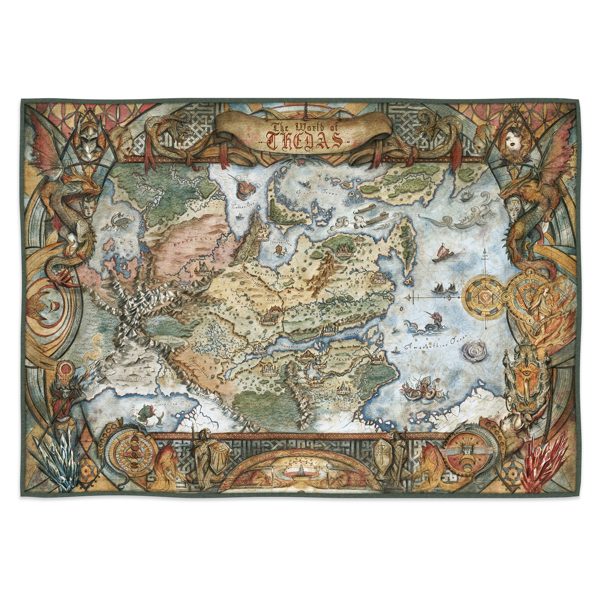 A flat lay photograph of the Thedas Map Blanket. The map in the center of the blanket is framed by illustrations of dragons and other Dragon Age motifs. 