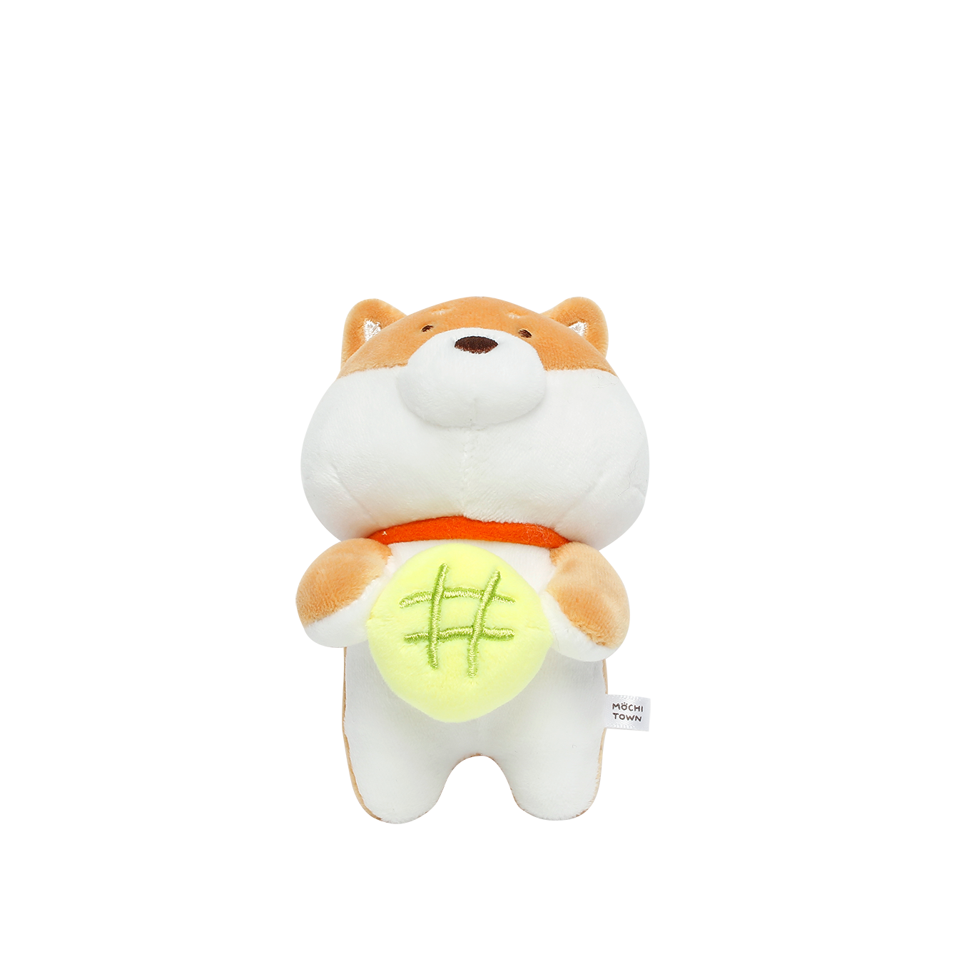 Front view of shiba dog keyring holding a melon bread.