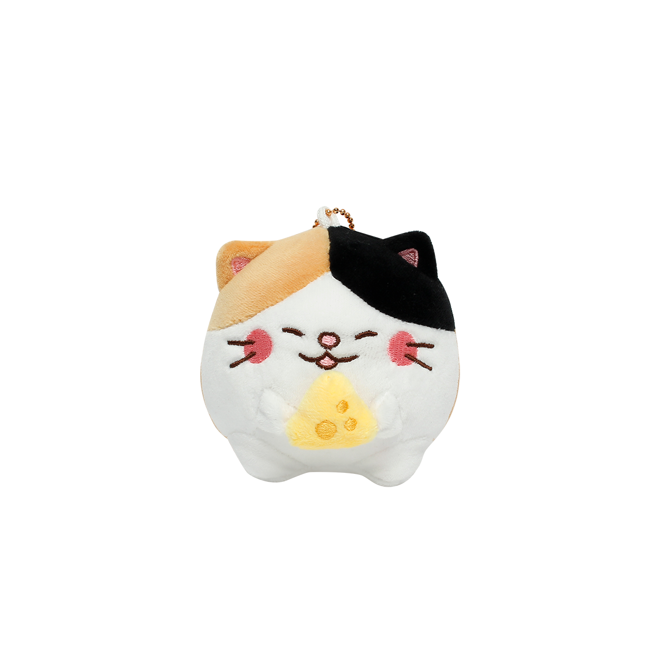 Front view of Camang calico cat keyring holding a wedge of cheese.