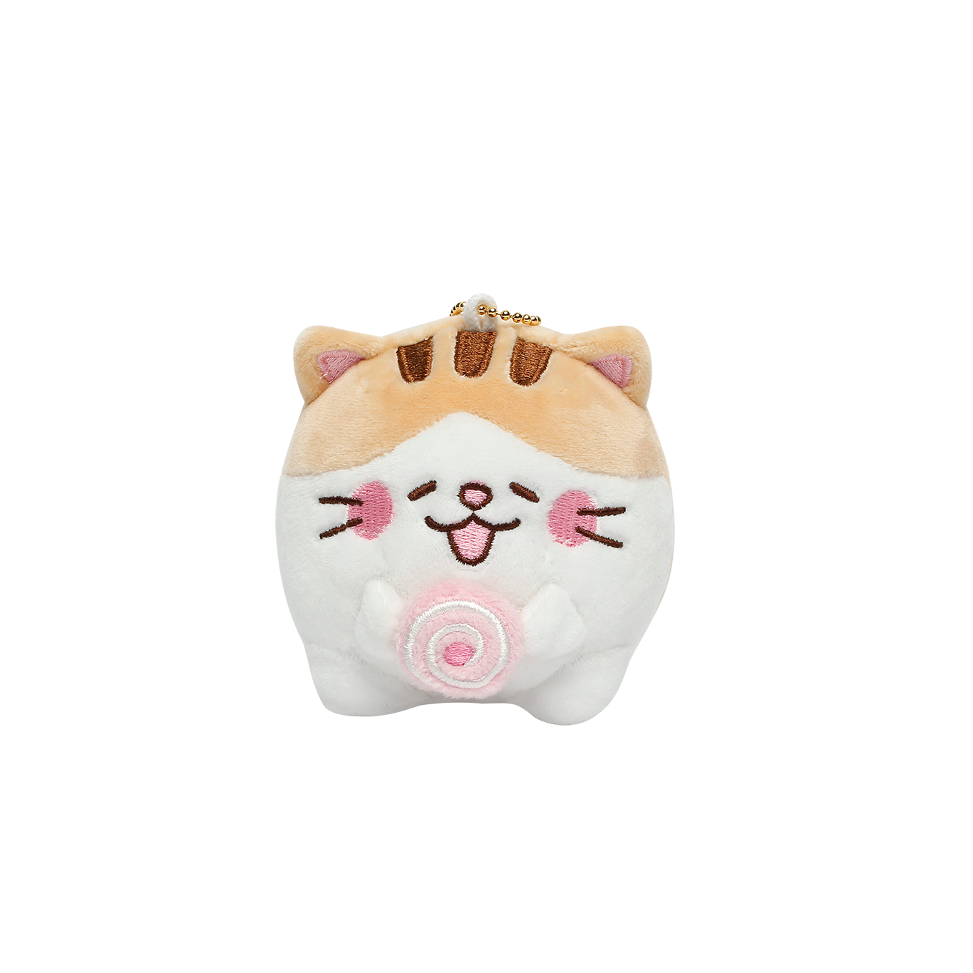 Front view of Bert tabby cat keyring. Bert is holding a pink swiss roll.