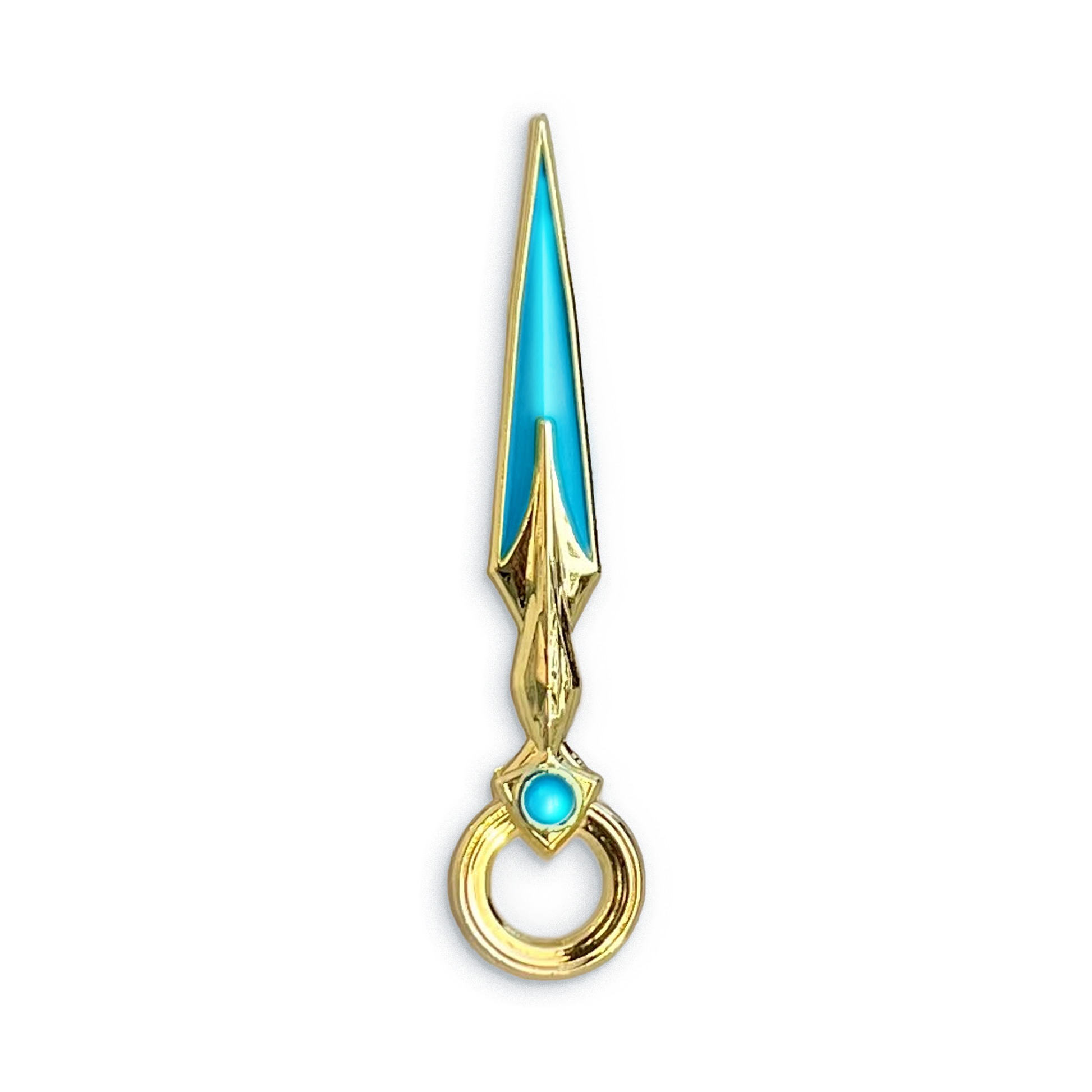 A product photo of the Blue Lyrium Dagger Enamel Pin. The blade of the dagger is bright cerulean blue cast in gold metal. The hilt is gold with blue enamel accents.