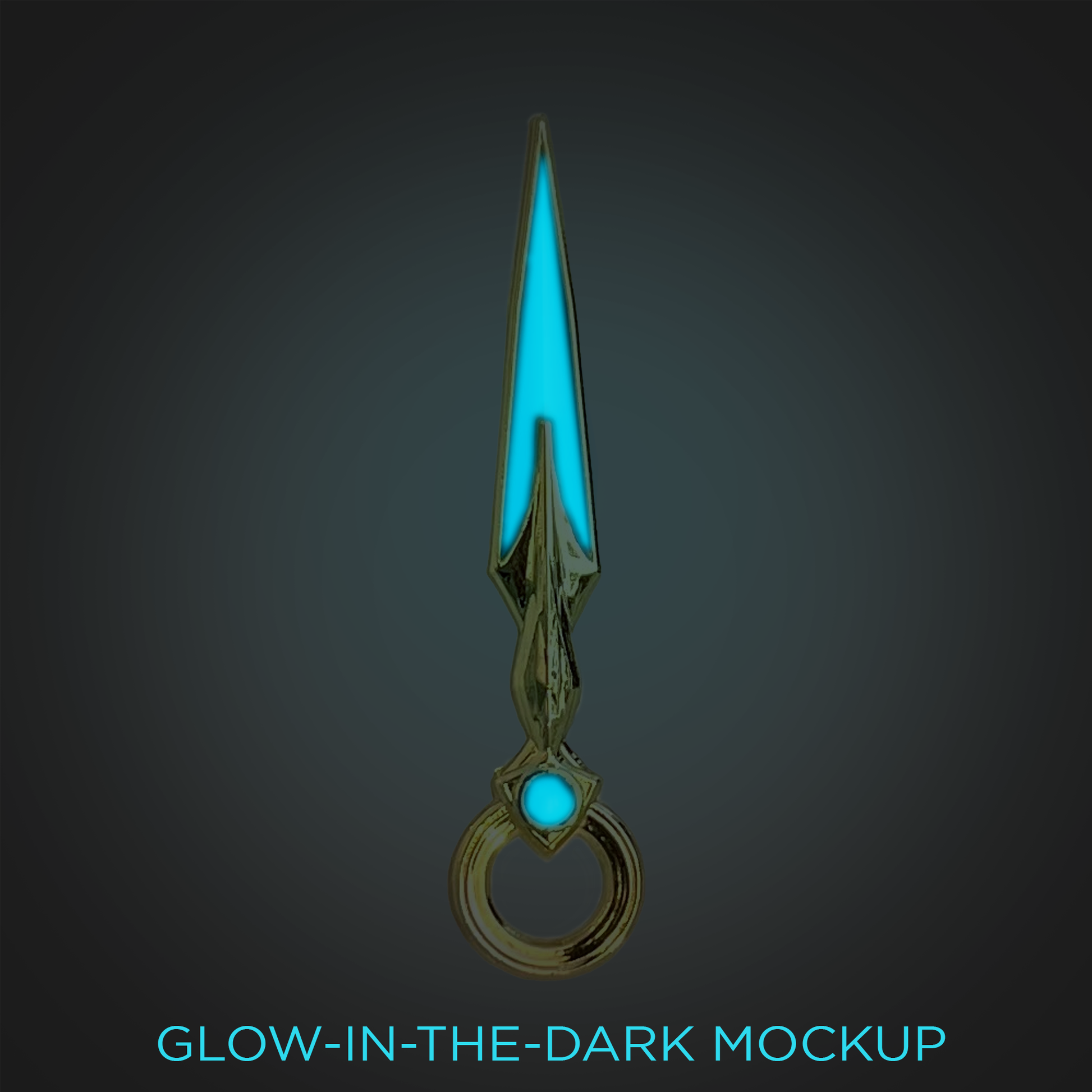 A gif mockup of the blue lyrium dagger pin pulsing glow-in-the-dark blue.