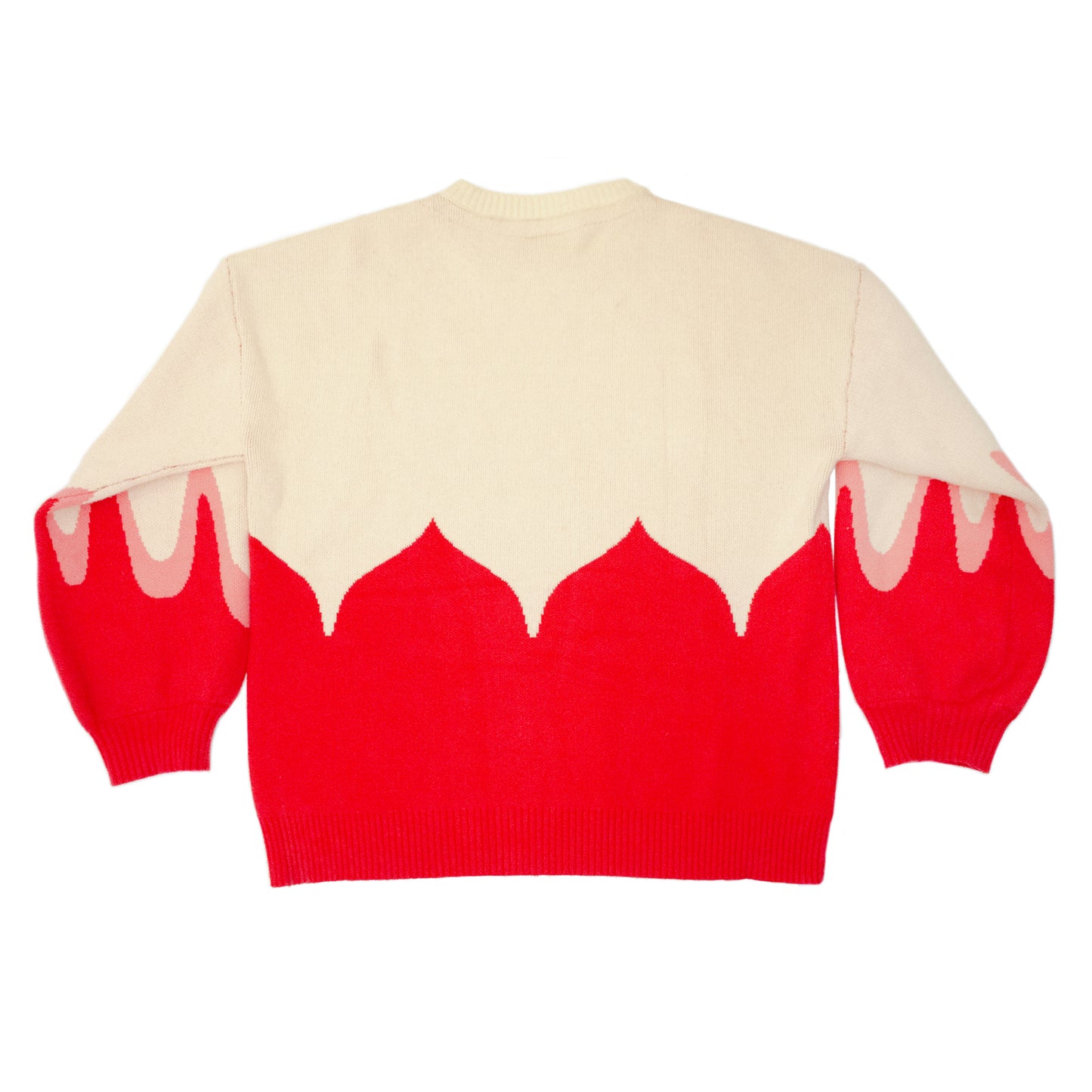 A flat lay photo of the back of the Sacred Blood Sweater. The back is nearly identical to the front, showing that the bisected design continues all the way around the sweater horizontally.