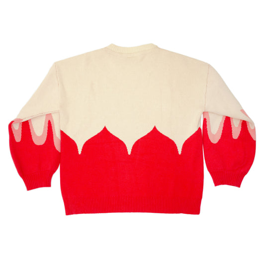 A flat lay photo of the back of the Sacred Blood Sweater. The back is nearly identical to the front, showing that the bisected design continues all the way around the sweater horizontally.
