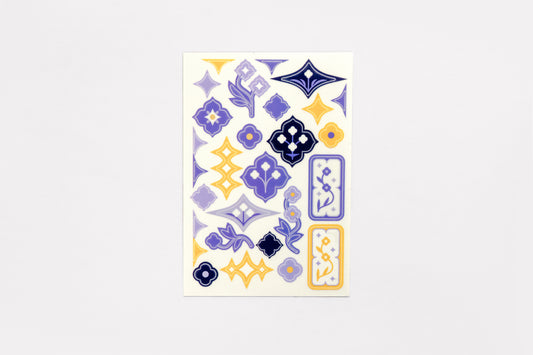 A single sheet of the Speedwell Art Stickers by Kevin Jay Stanton featuring twenty-eight miniature illustrations of Speedwell flowers in indigo, white, and yellow.