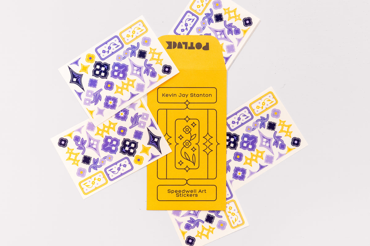 A set of Speedwell Art Stickers by Kevin Jay Stanton, featuring the yellow seed envelope packaging in the center surrounded by five sticker sheets with illustrations of Speedwell flowers in indigo, yellow, and white.