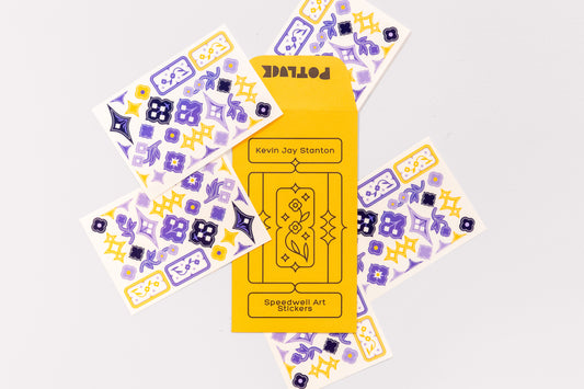 A set of Speedwell Art Stickers by Kevin Jay Stanton, featuring the yellow seed envelope packaging in the center surrounded by five sticker sheets with illustrations of Speedwell flowers in indigo, yellow, and white.
