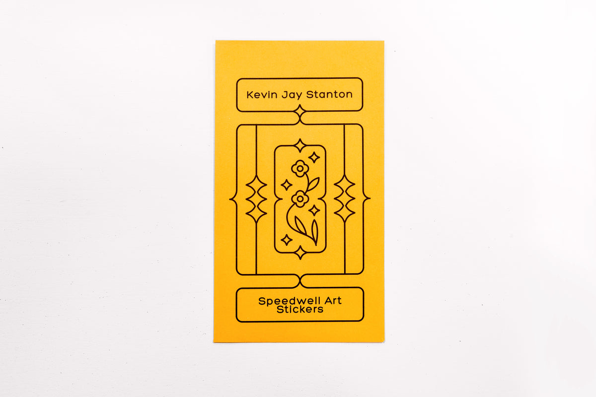 The yellow envelope packaging for the Speedwell Art Stickers by Kevin Jay Stanton against a white background.