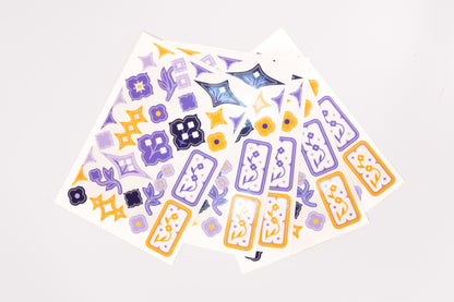 Five sheets of the Speedwell Art Stickers by Kevin Jay Stanton fanned against a white background.