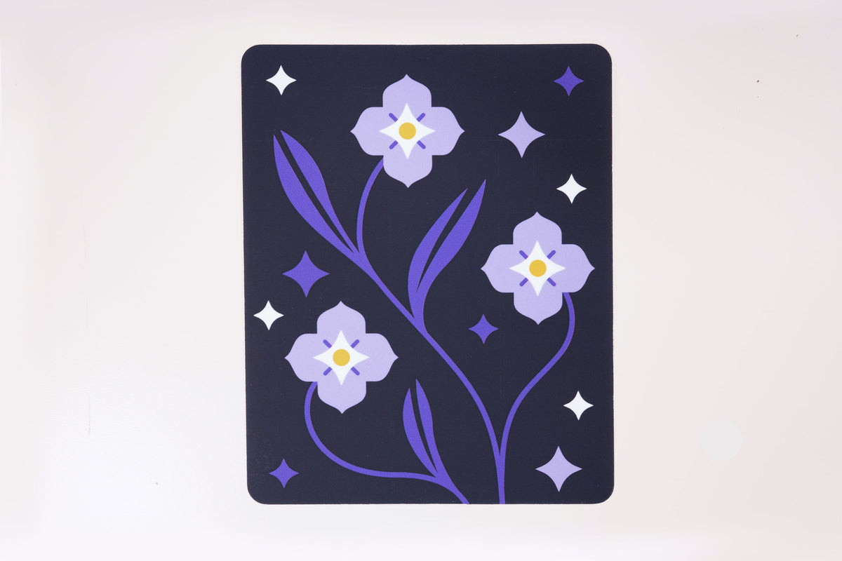 The Speedwell Cover Sticker depicts the iconic speedwell flowers in indigo, lavender, yellow, and white against a deep navy background.