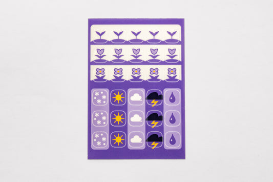A single sheet of the Speedwell Icon Stickers by Kevin Jay Stanton featuring thirty individual stickers in indigo, white, and yellow.