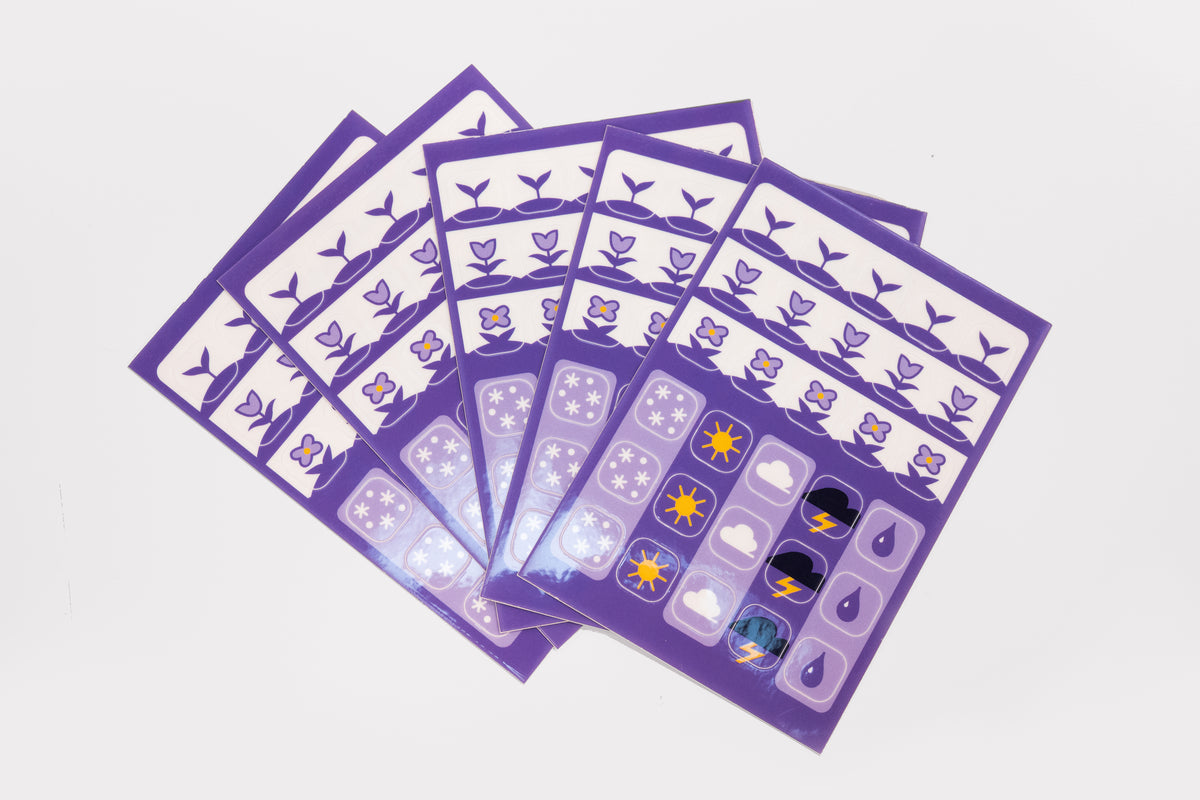 Five sheets of the Speedwell Icon Stickers by Kevin Jay Stanton fanned against a white background.