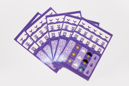 Five sheets of the Speedwell Icon Stickers by Kevin Jay Stanton fanned against a white background.