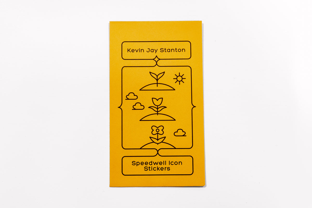 The yellow envelope packaging for the Speedwell Icon Stickers by Kevin Jay Stanton against a white background.