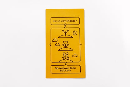 The yellow envelope packaging for the Speedwell Icon Stickers by Kevin Jay Stanton against a white background.