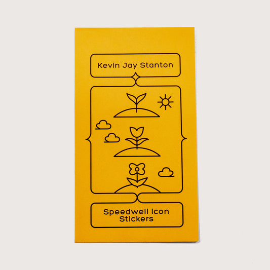 The yellow envelope packaging for the Speedwell Icon Stickers by Kevin Jay Stanton against a white background.