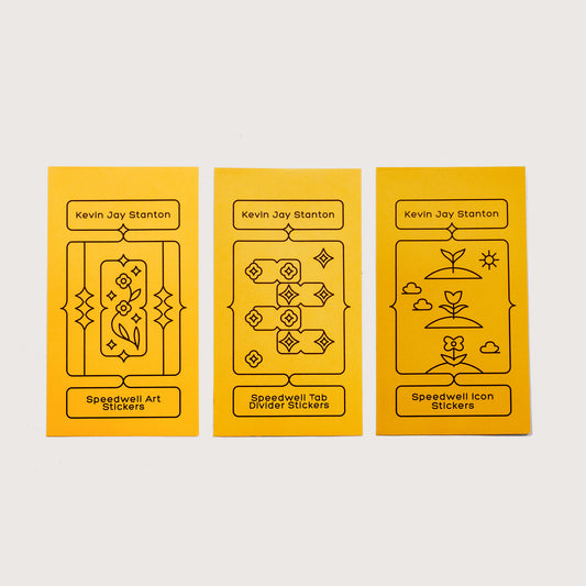 The packaging for each of the three sticker sheets: Speedwell Art Stickers, Speedwell Tab Divider Stickers, and Speedwell Icon Stickers, photographed against a white background.