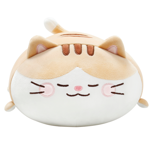 Front view of the tan Bert naptime cushion. He is a tabby cat with embroidered detailing on his stripes, face, whiskers, nose and round pink blushes.