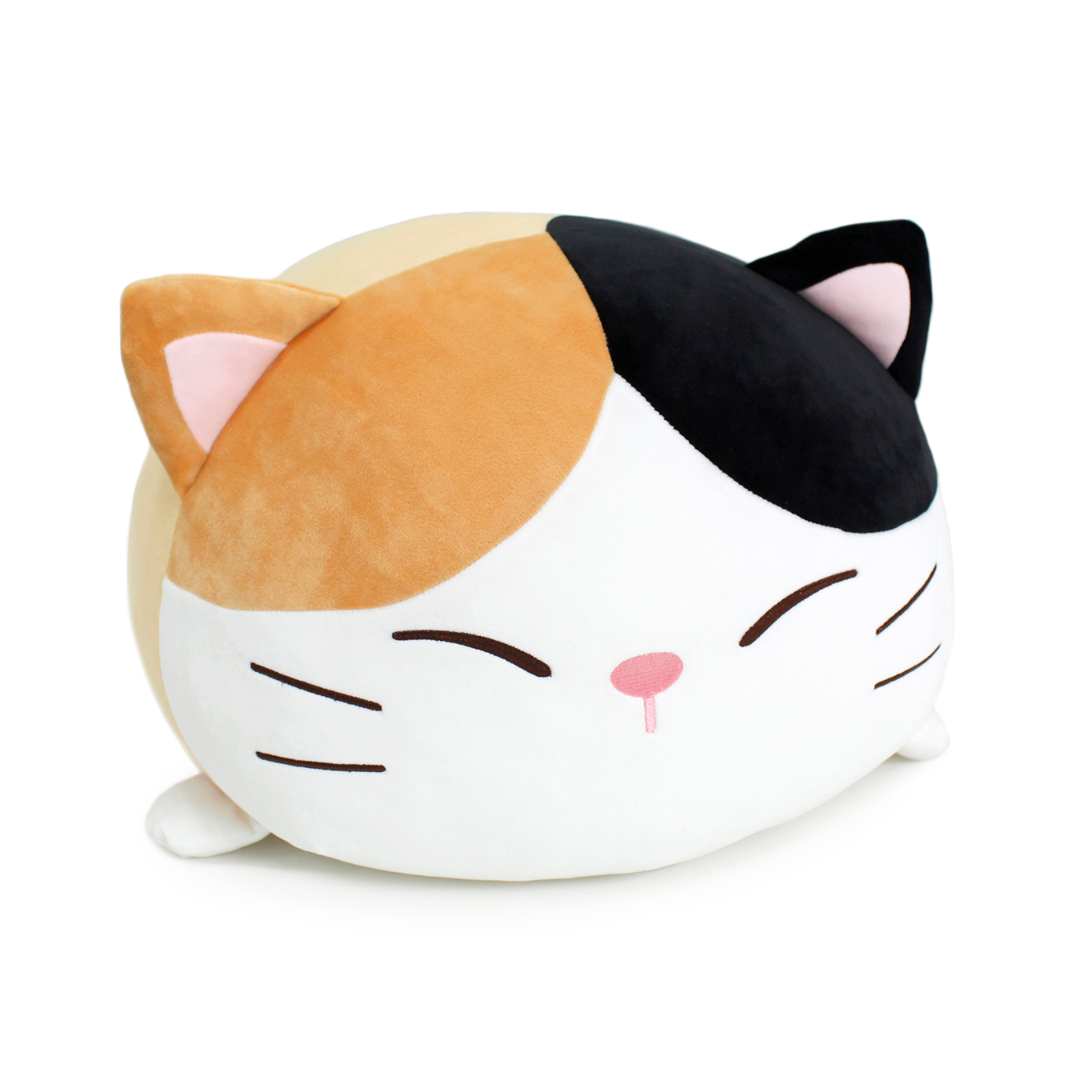 Front view of calico cat Camang pillow. Its embroidered eyes are closed.