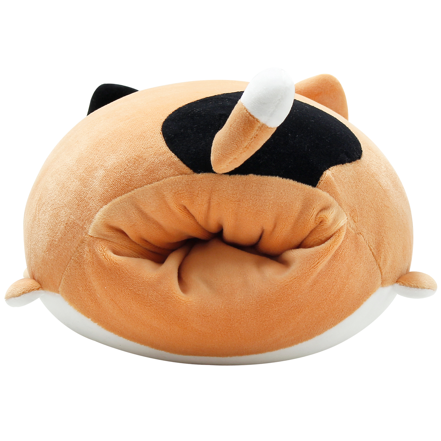 Back view of cat cushion, which has a hand sleeve in its bum.