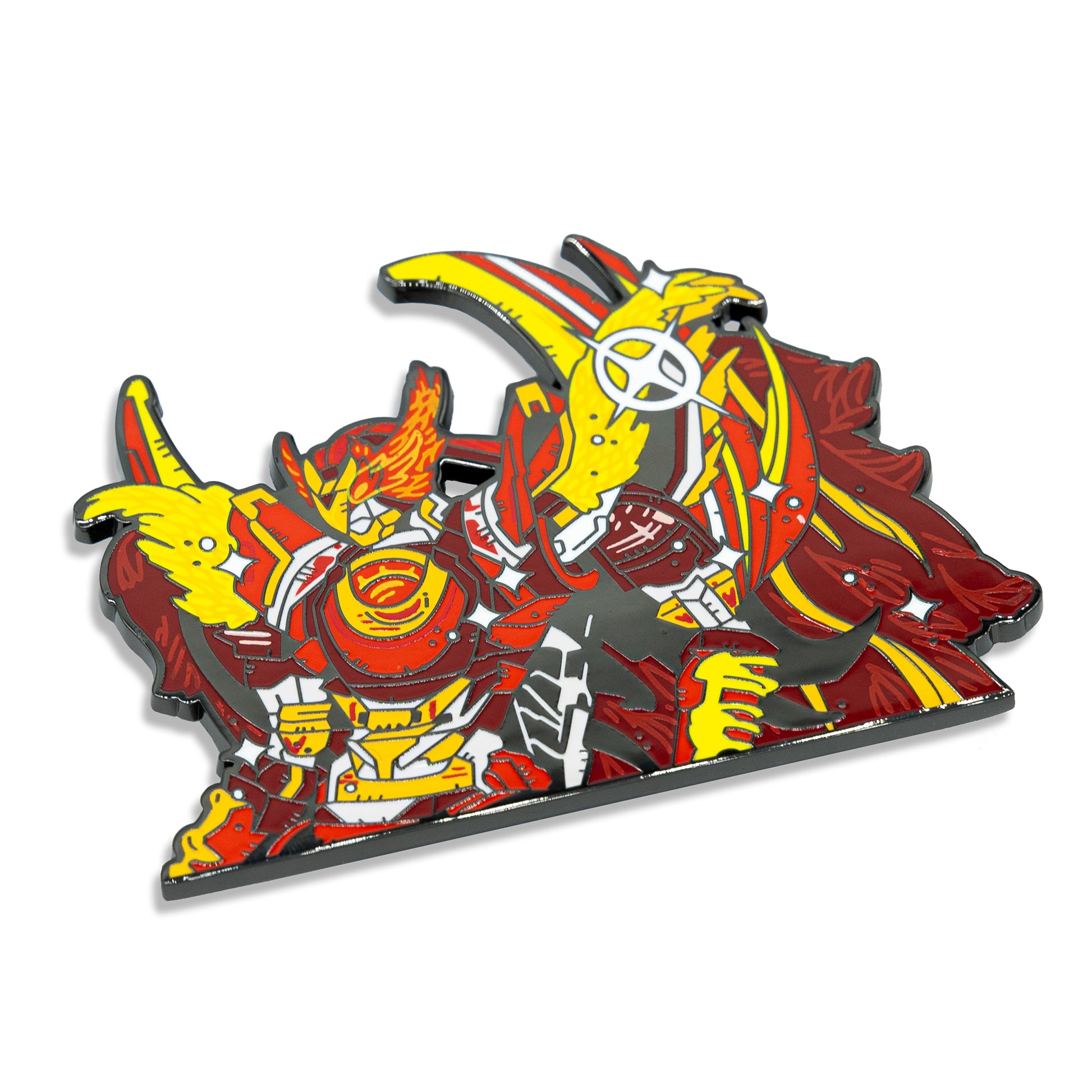 Angled view of Vermilion Bird Enamel Pin.
