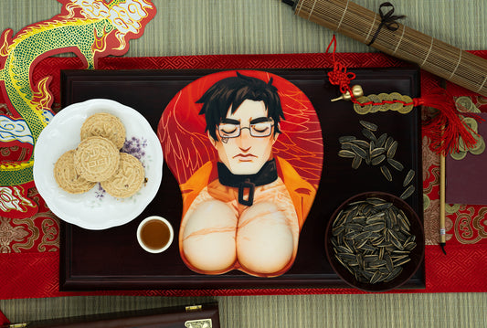 Shimin 3D Mousepad on a bamboo mat with an elaborate red table runner surrounded with decorations.