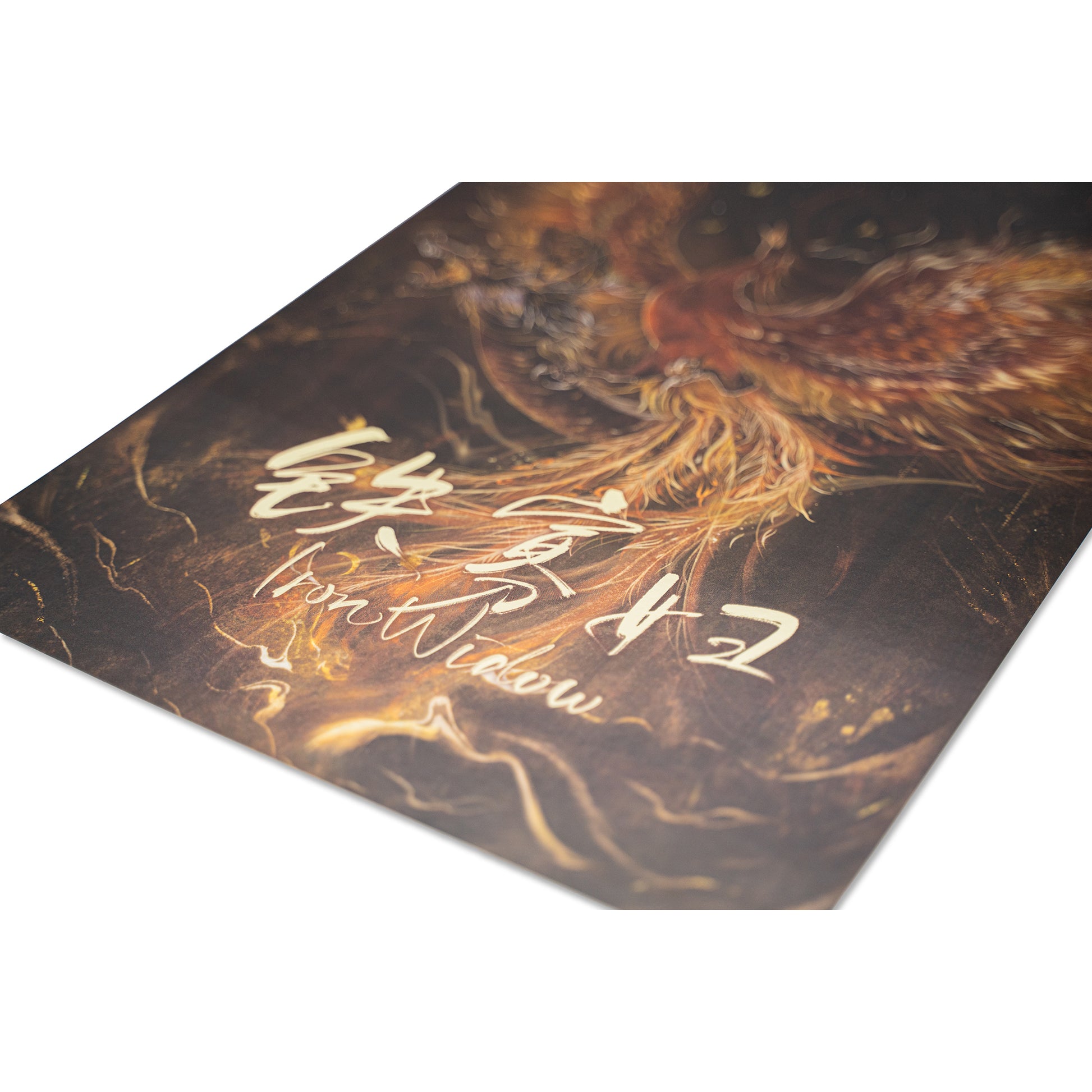 Close up angled view of the Phoenix Over Dragon Print focused on the Iron Widow title.