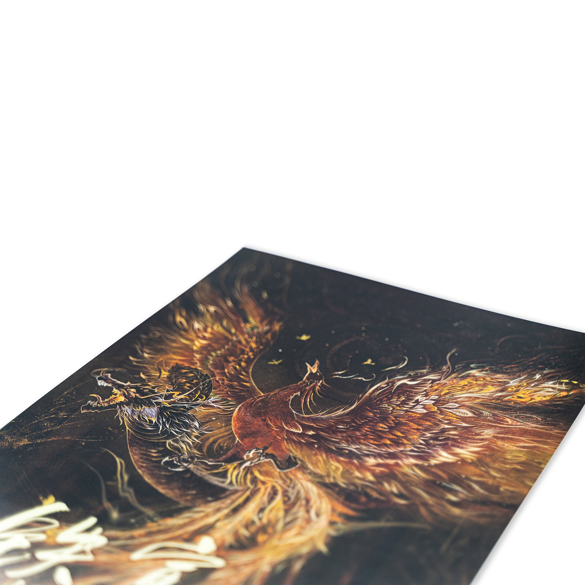 Close up angled view of the Phoenix Over Dragon Print focused on the phoenix and dragon.