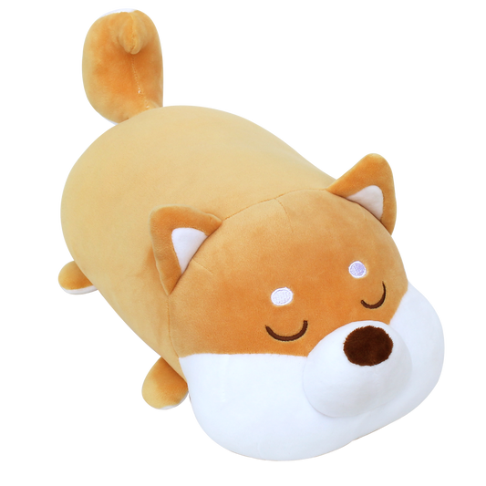 Angle view of Shiba cushion, a caramel and white plush with its eyes closed.