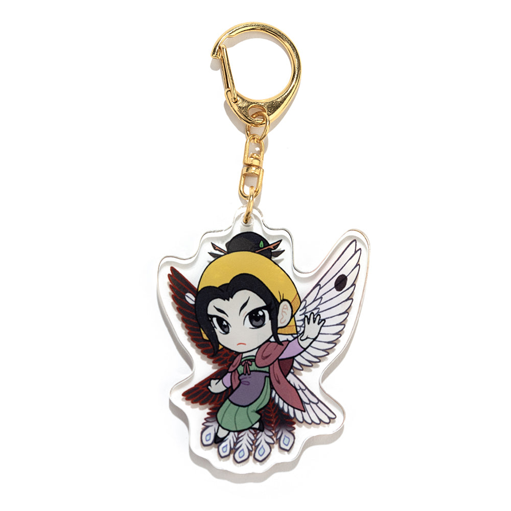 Zetian charm side 2, illustrated with black and white yin and yang bird wings behind them and traditional clothing.