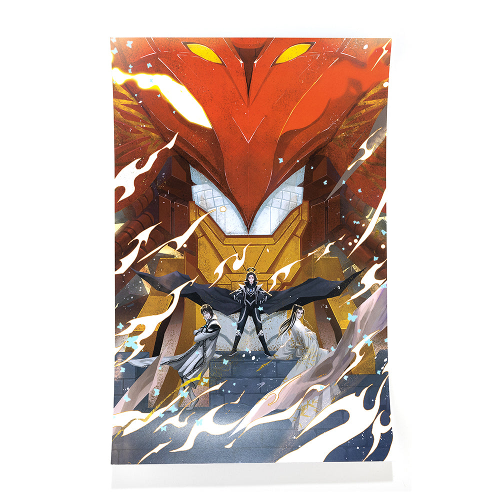 Vermillion Trio Print artwork depicts the Vermillion Bird Chrysalis looming over Zetian, Shimin, and Yizhi.