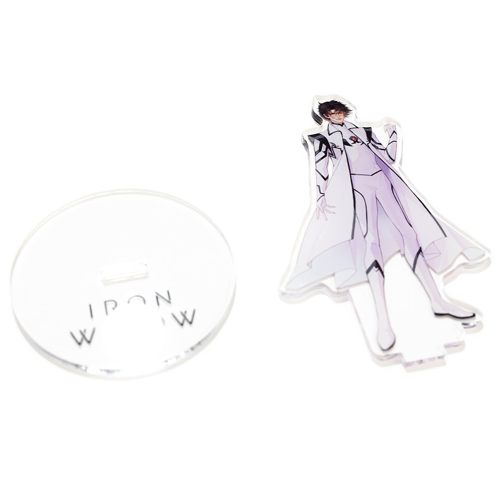Above view of Shimin acrylic standee disassembled, the figure laying beside the base.