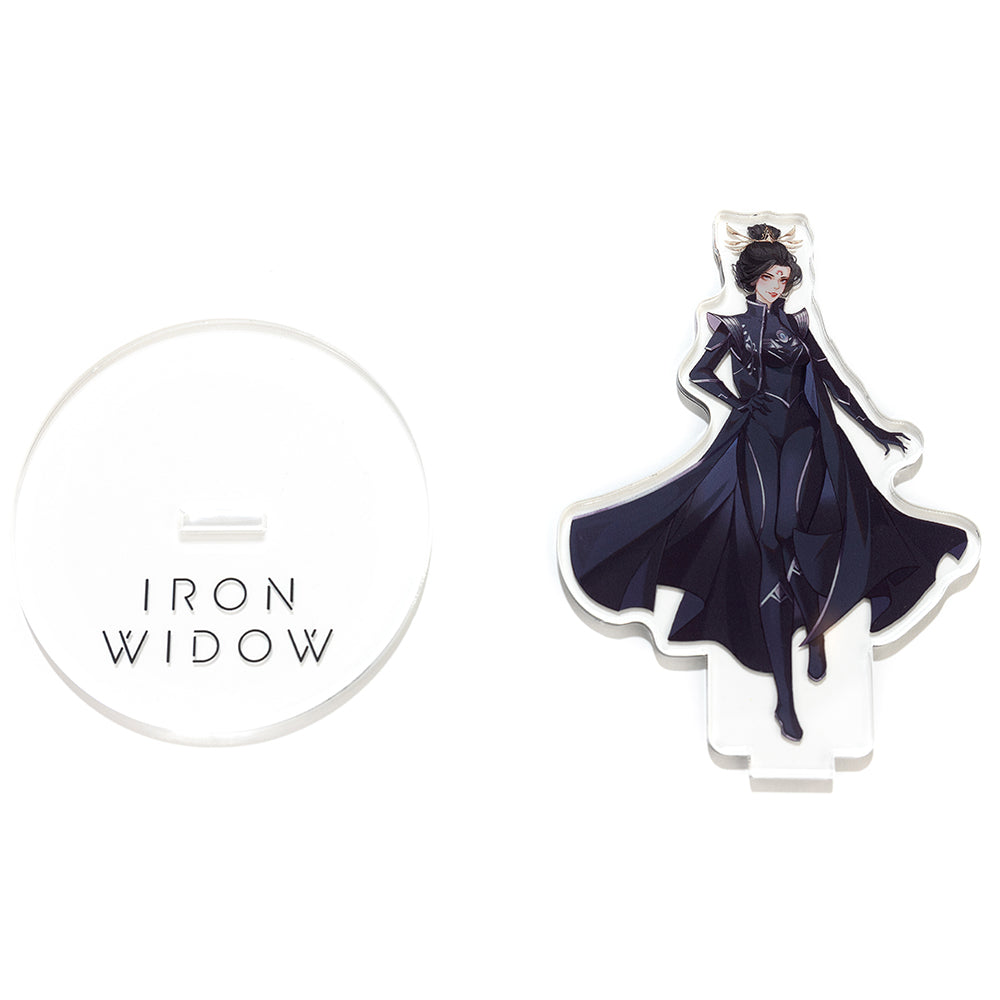 Above view of Zetian acrylic standee disassembled, the figure laying beside the base.