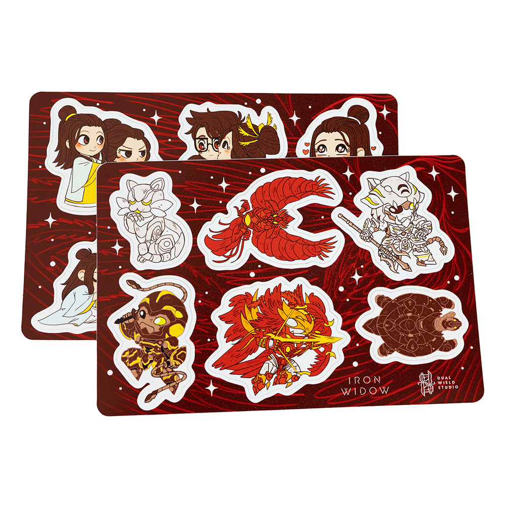 Iron Widow: Mecha Sticker Sheet laid over the Trio Sticker Sheet on a white background.