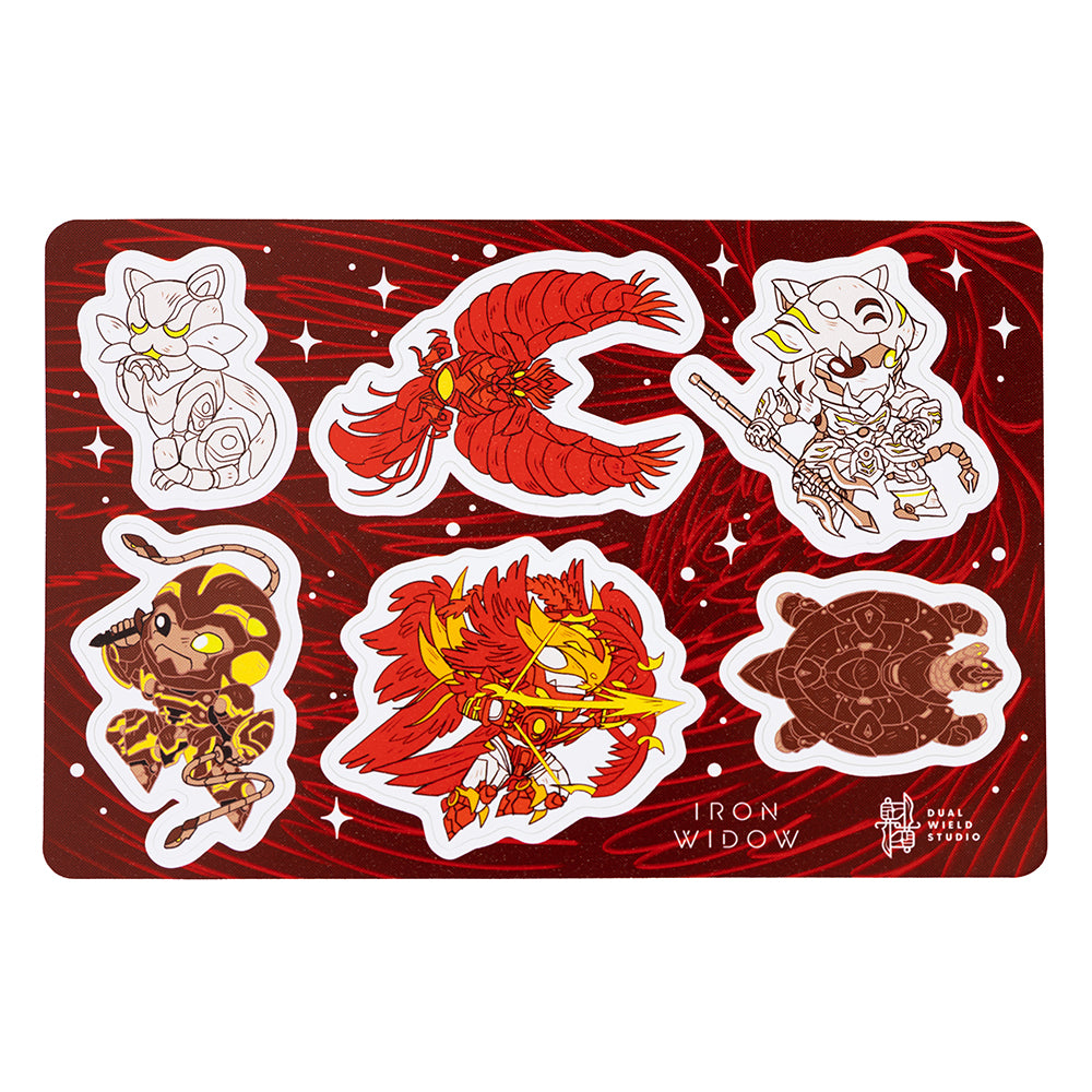 The Iron Widow: Mecha Sticker sheet, which depicts stylized stickers of the Chrysalises on dark red phoenix sticker background.