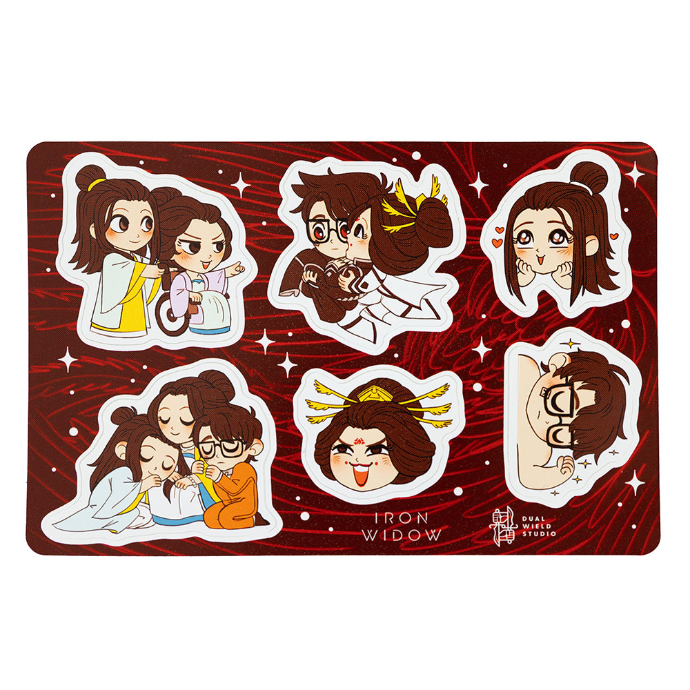 Stylized illustrations of Zetian, Shimin, and Yizhi in a 6-sticker pack on a red phoenix sticker backing.