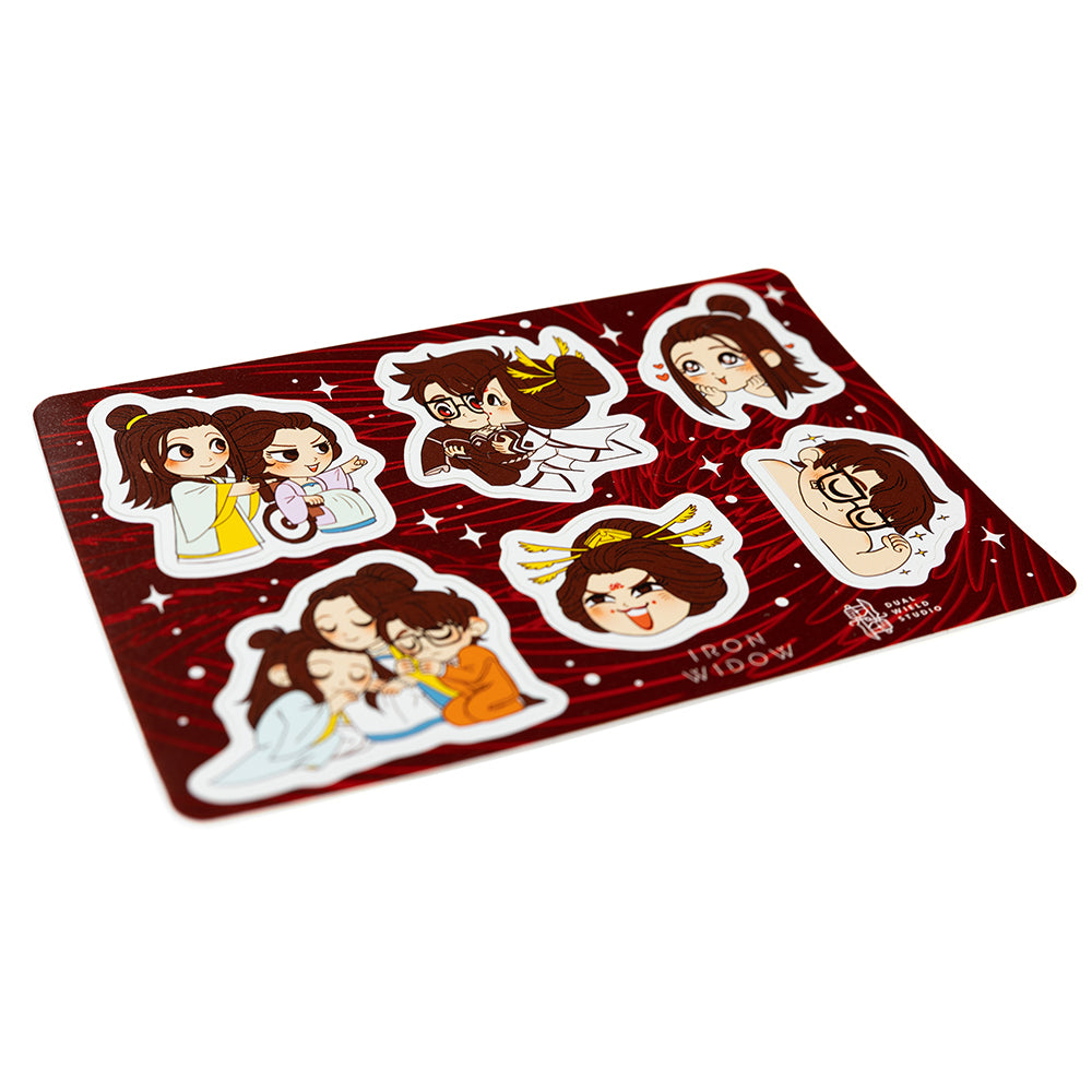 Angled view of the Iron Widow: Trio Sticker Sheet on white background.