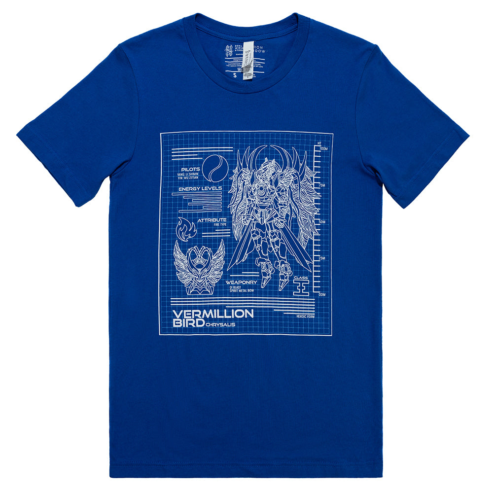 Blue Vermillion Bird T-Shirt with blueprint schematics of the Vermillion Bird Chrysalis in white.