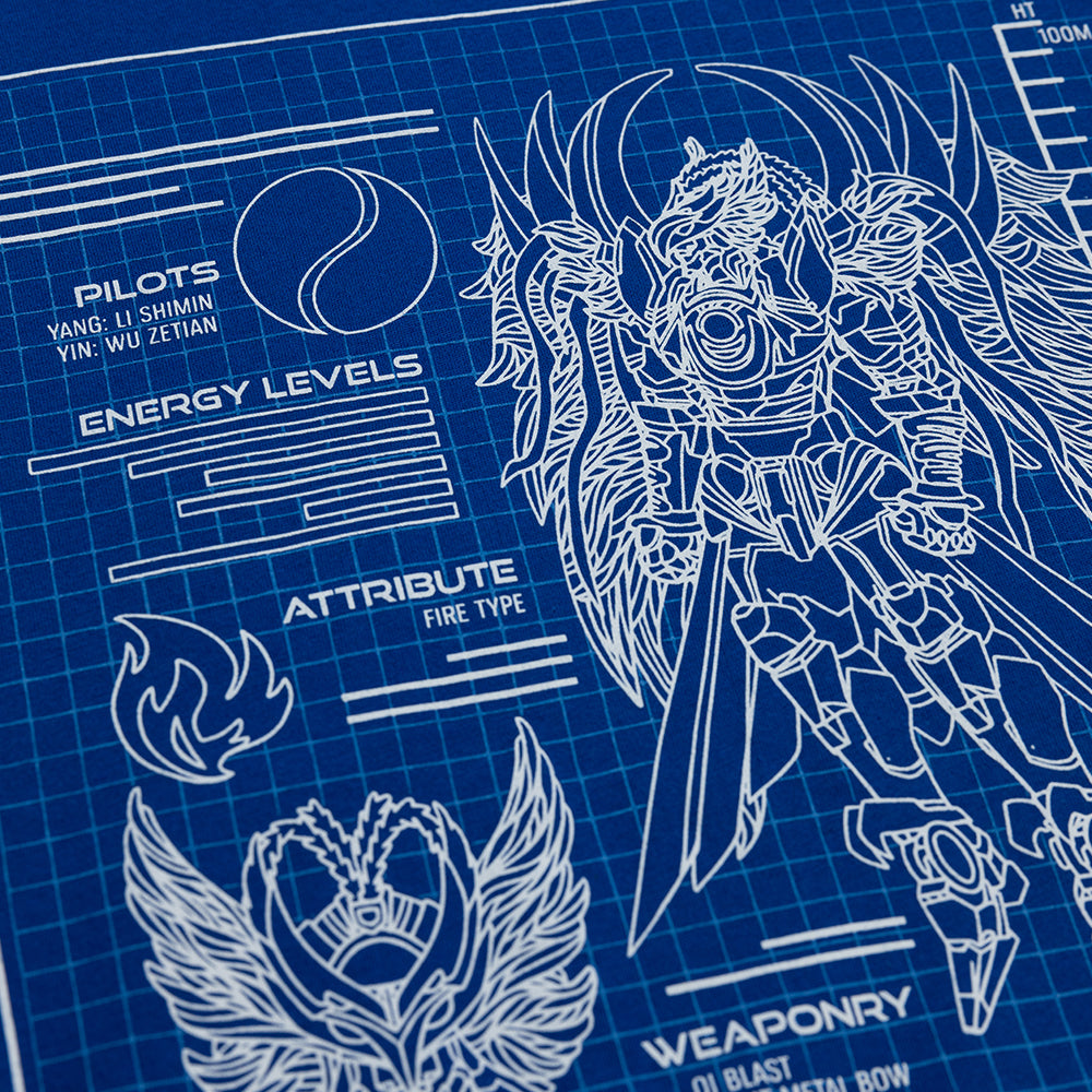 Closeup of the white schematic blueprint of the Vermillion Bird on blue T-shirt.